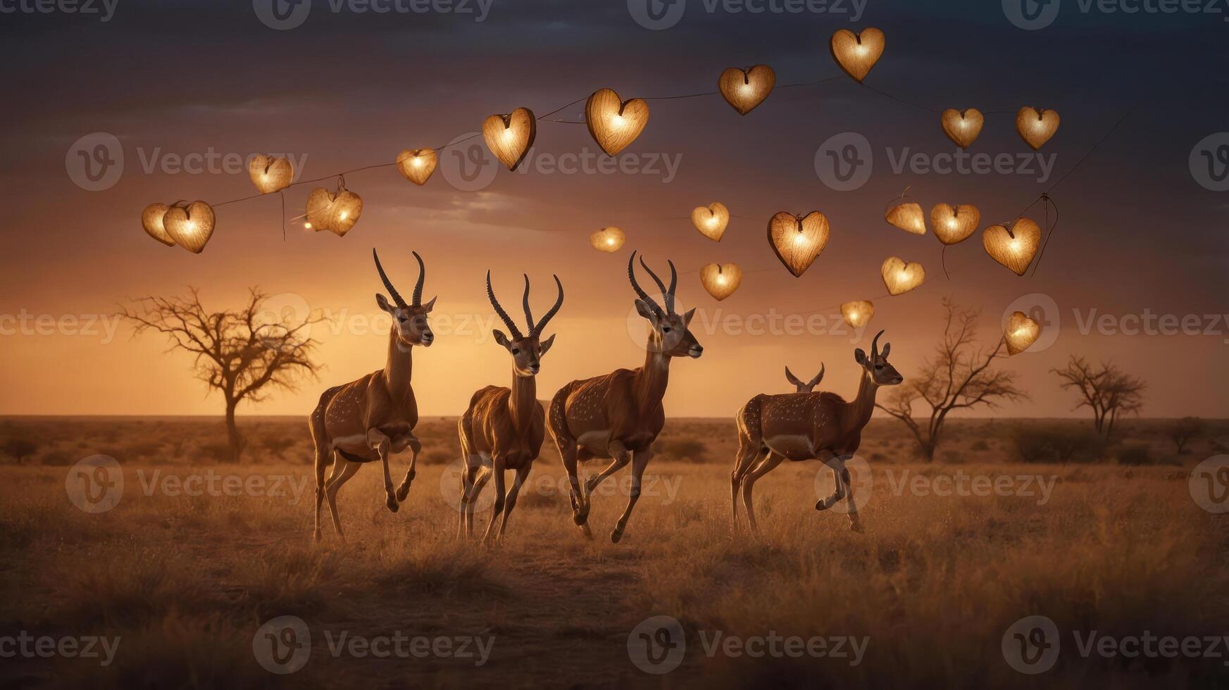 A group of antelopes running under heart-shaped lanterns at sunset. photo