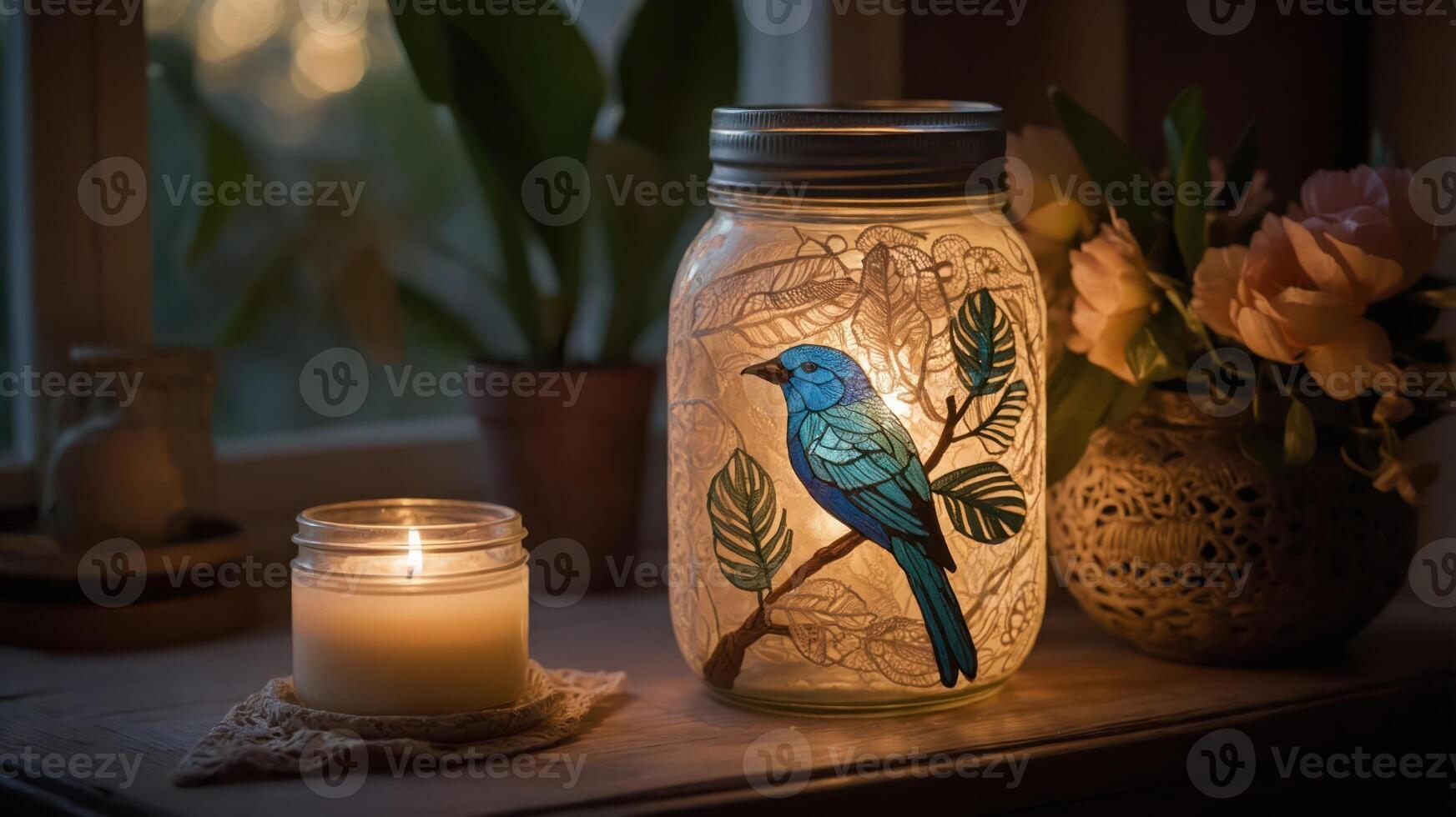 A serene scene featuring a glowing jar with a blue bird design and a lit candle nearby. photo