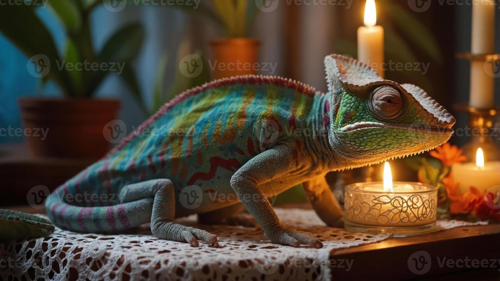 A colorful chameleon rests beside candles and plants, creating a serene atmosphere. photo