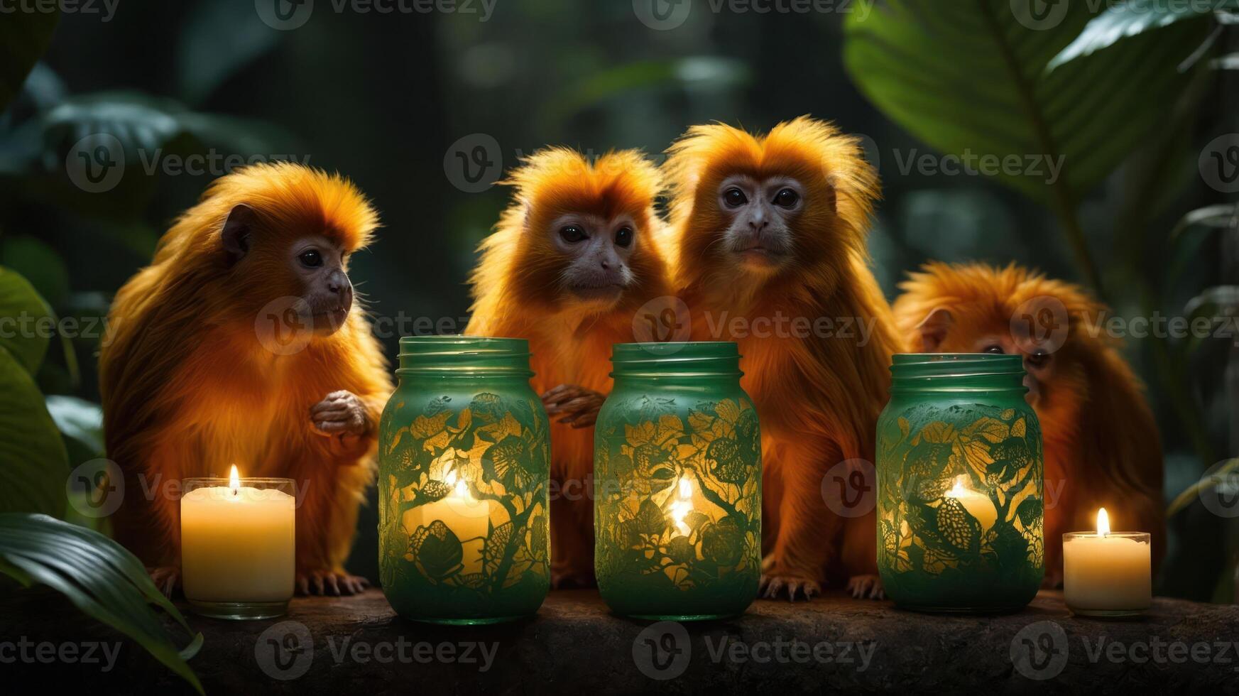 Four golden monkeys sit by glowing jars and candles in a lush forest setting. photo