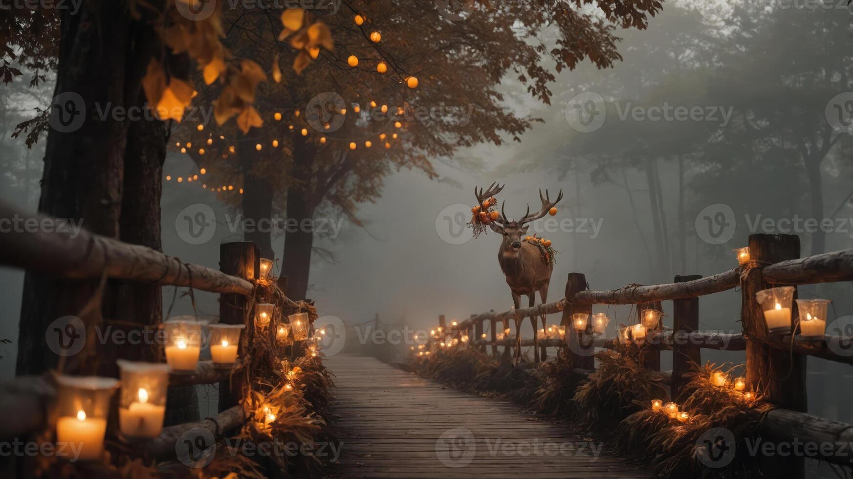 A serene forest path illuminated by candles, featuring a deer amidst a misty atmosphere. photo