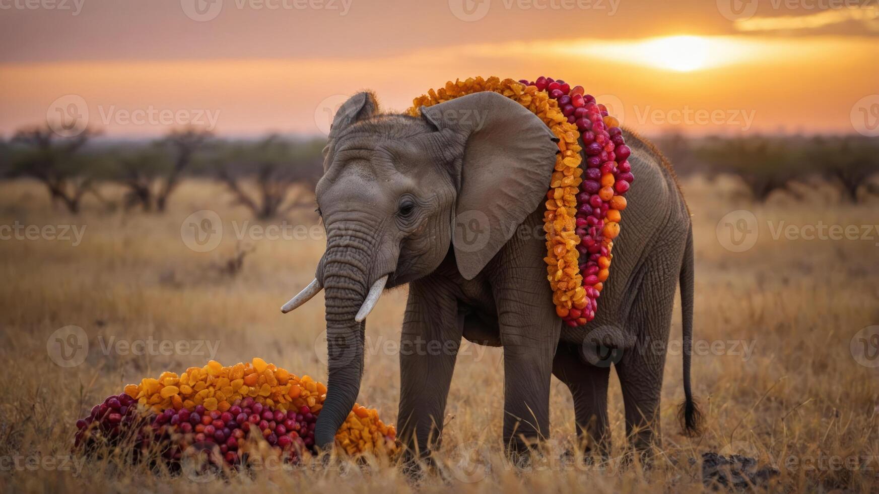 An elephant adorned with a colorful garland stands in a sunset-lit savanna. photo