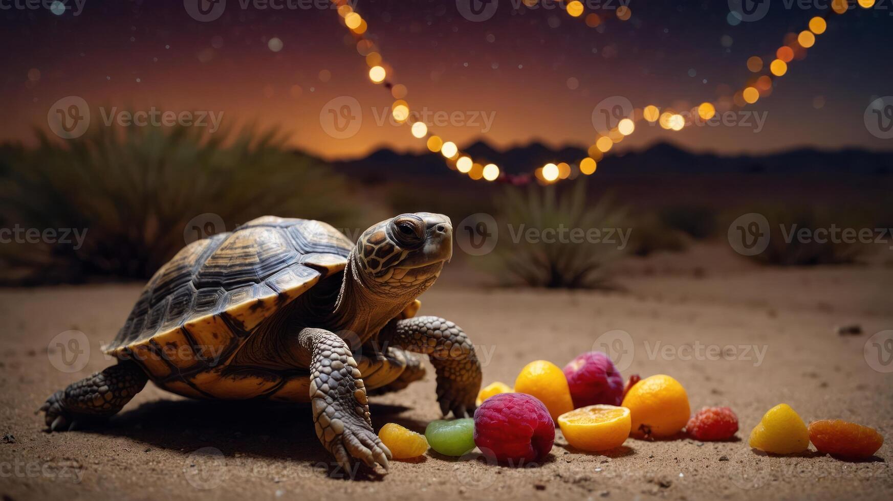 A turtle surrounded by colorful fruits in a desert landscape under a starry sky. photo