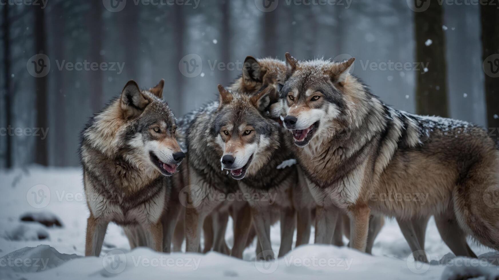 A pack of wolves stands together in a snowy forest, showcasing their natural habitat. photo