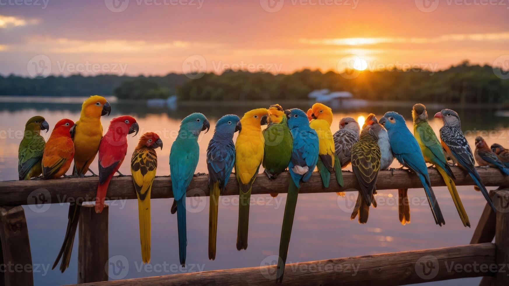 A vibrant gathering of colorful parrots perched on a railing at sunset by the water. photo