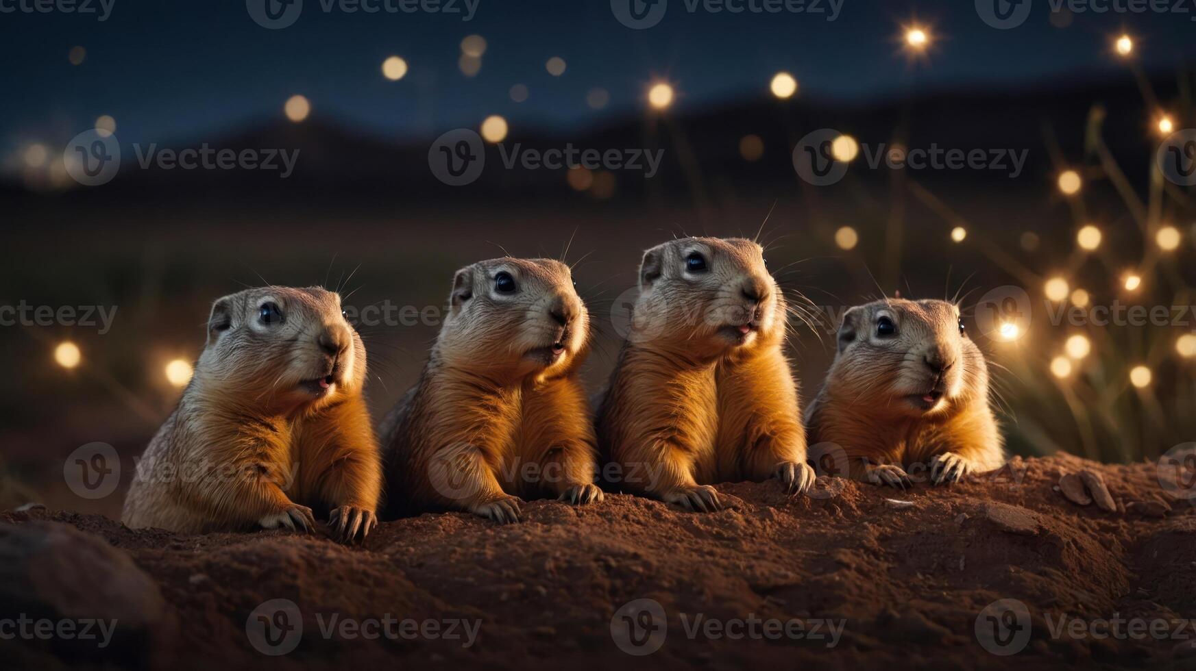Four prairie dogs sit together on a dirt mound, illuminated by soft, glowing lights. photo