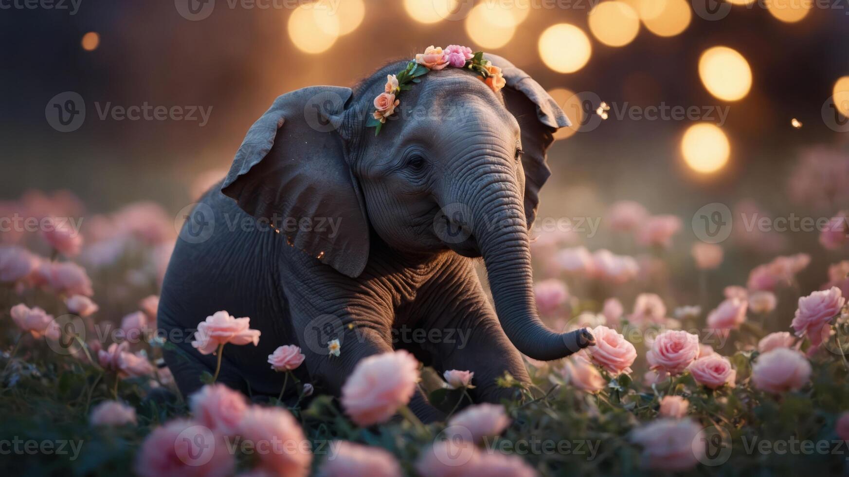 A cute elephant adorned with flowers in a field of roses, creating a whimsical atmosphere. photo