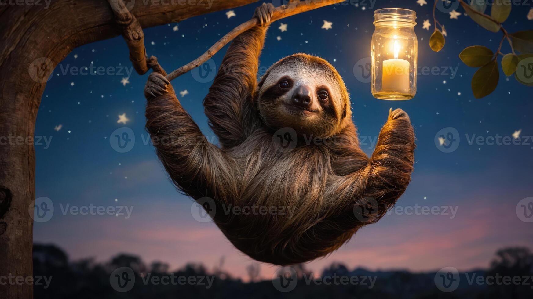A sloth hangs from a branch, holding a lantern in a starry night scene. photo