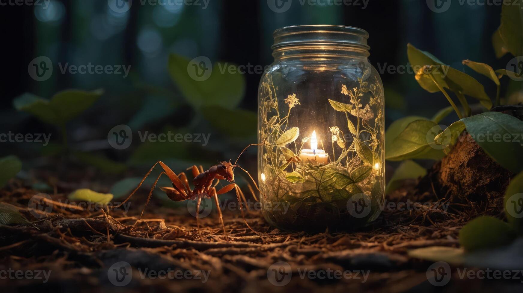 A glowing jar with a candle and greenery, accompanied by a large ant in a forest setting. photo
