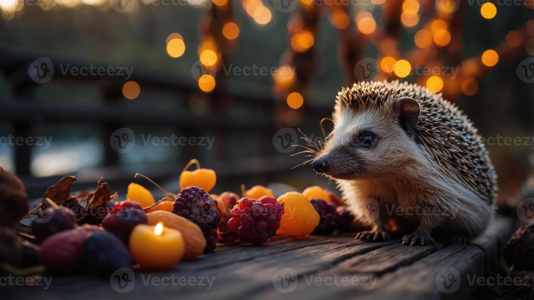 A hedgehog surrounded by fruits and candles, set against a backdrop of warm lights. photo