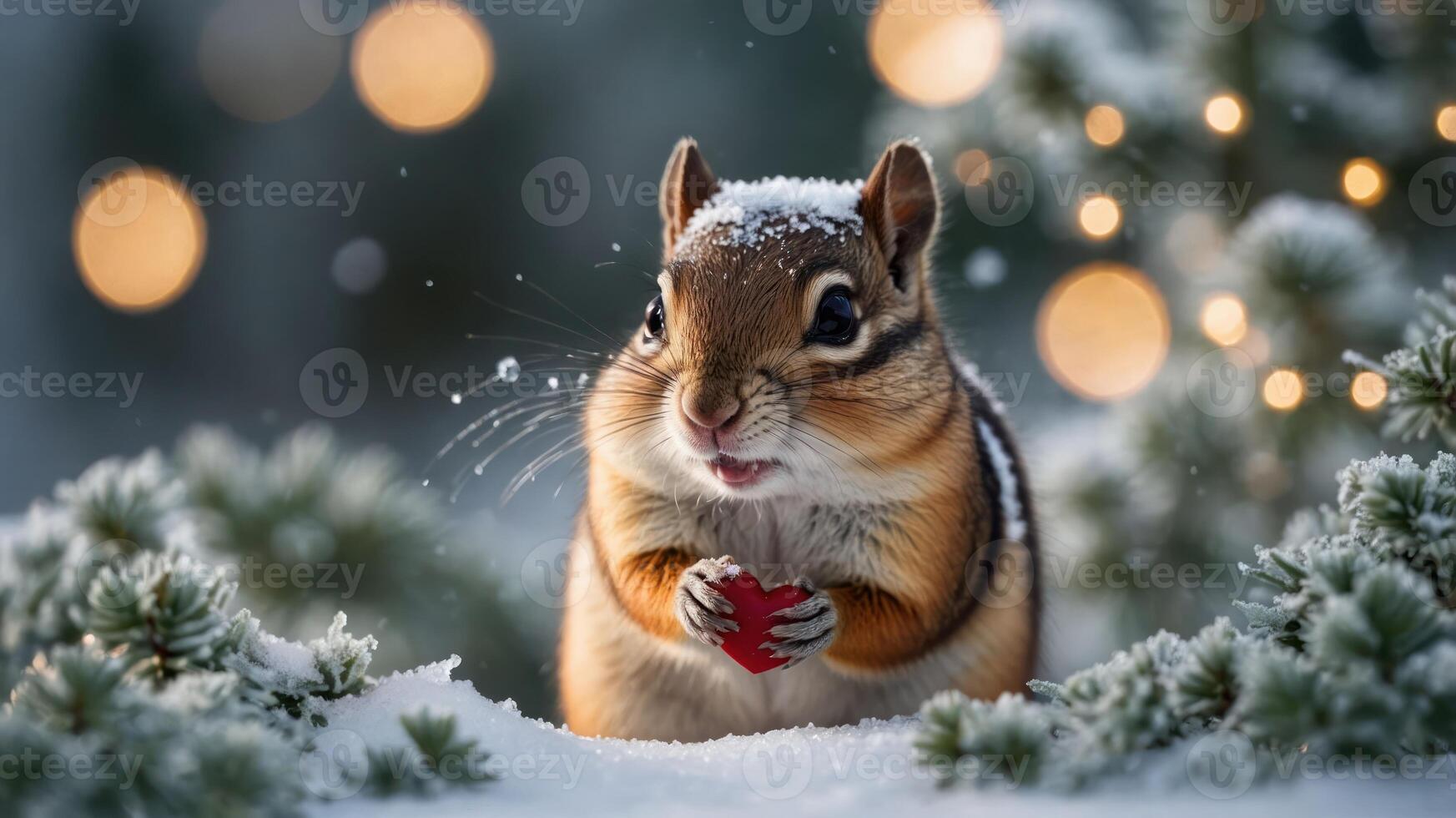 A chipmunk holding a red heart in a snowy landscape with soft lights in the background. photo