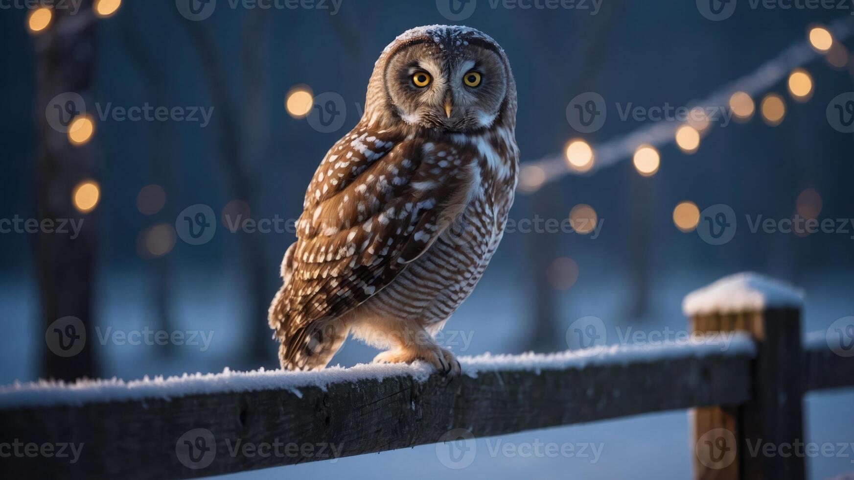 A snowy owl perched on a wooden fence, illuminated by soft, glowing lights in the background. photo