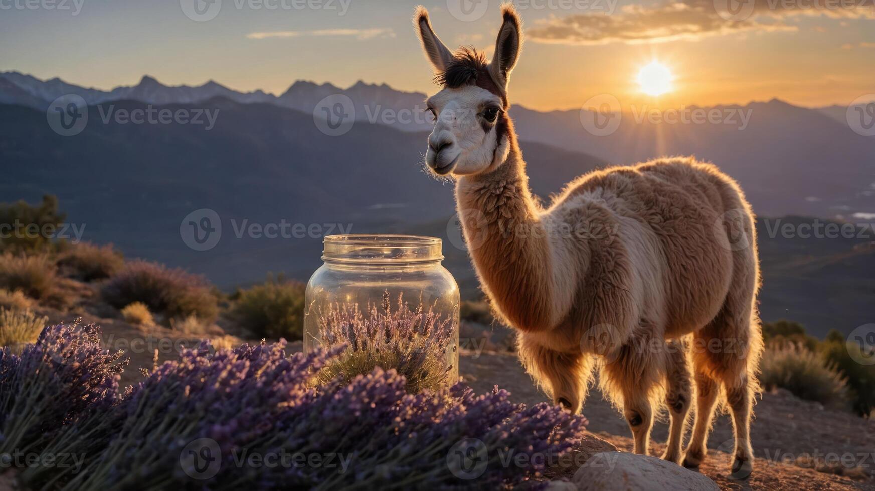 A llama stands beside a jar of lavender against a sunset backdrop in a mountainous landscape. photo