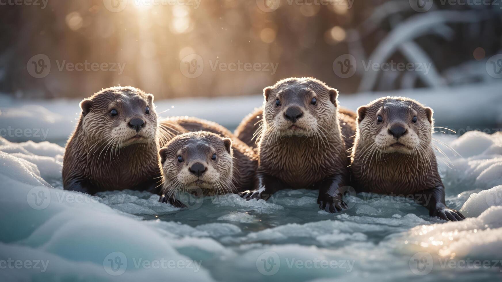 Four otters resting on ice near water, illuminated by soft sunlight. photo