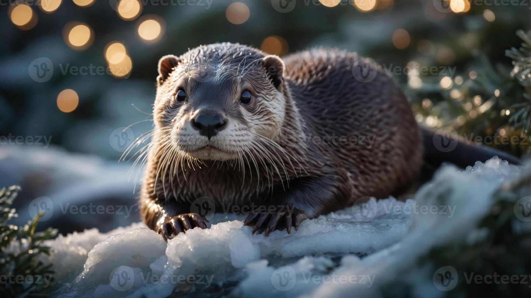 A charming otter resting on snow with blurred lights in the background. photo