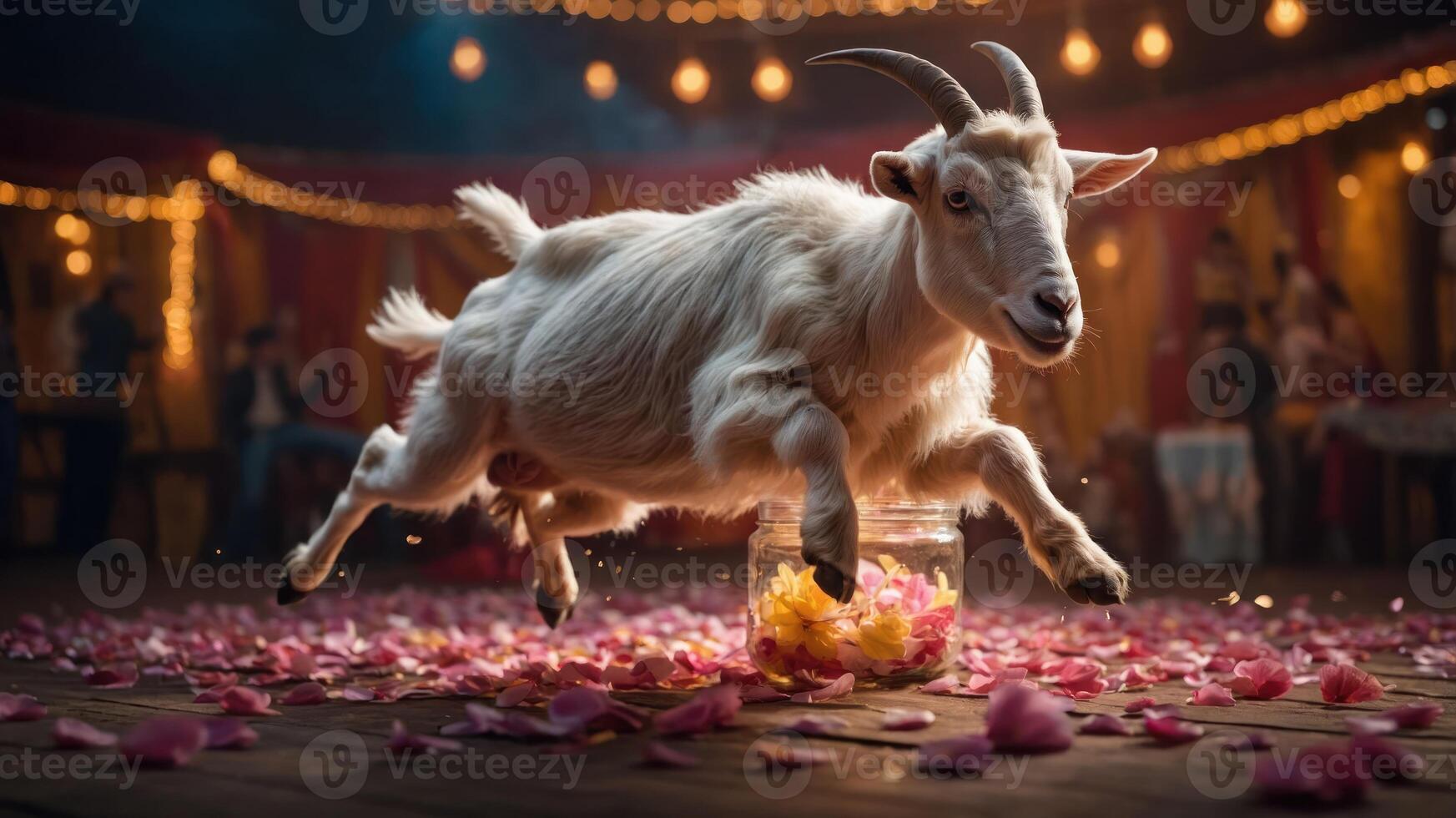 A goat leaps over a bowl of flowers in a festive setting, surrounded by rose petals. photo