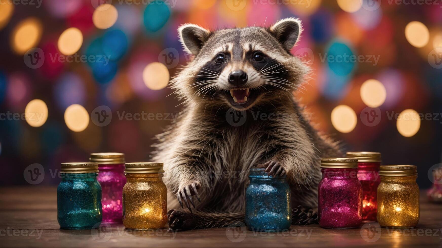 A cheerful raccoon sits among colorful jars, creating a whimsical and festive atmosphere. photo