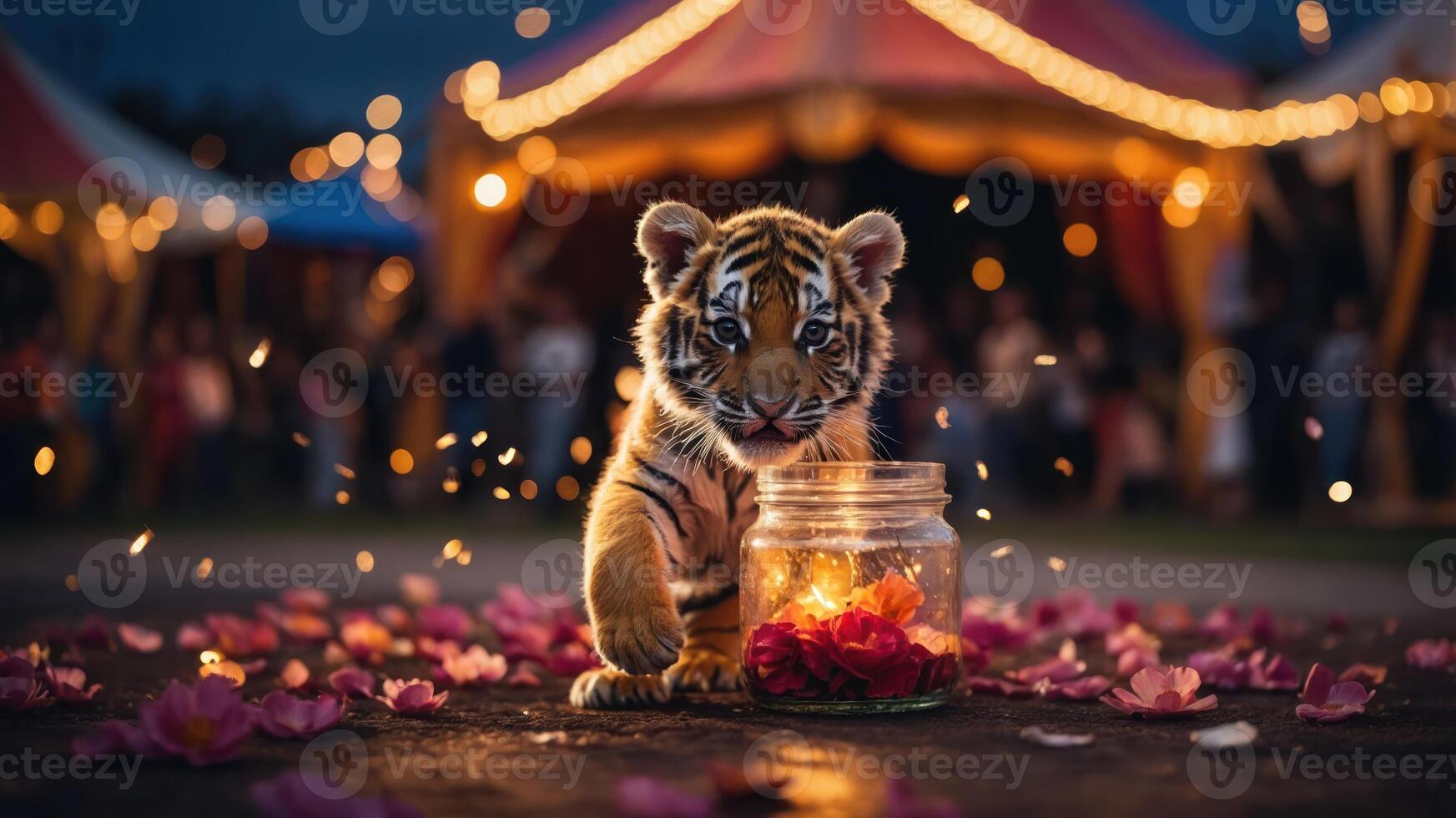 A playful tiger cub surrounded by flowers and a glowing jar, set in a festive atmosphere. photo