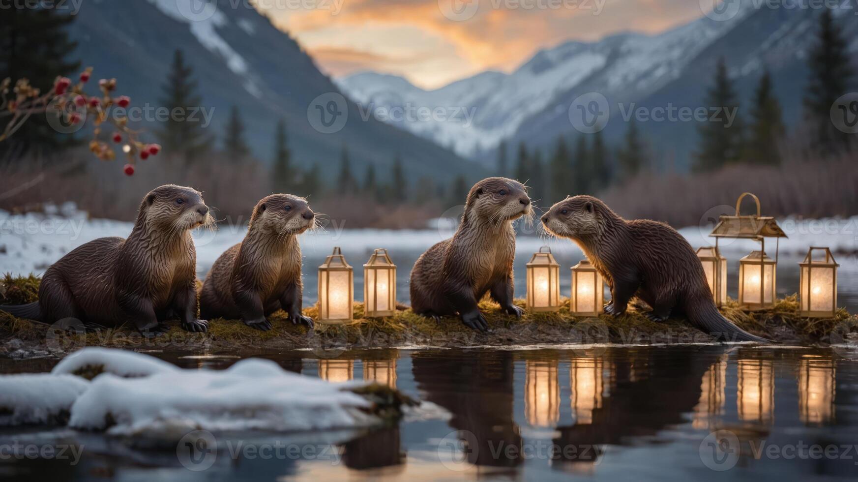 A serene scene of otters by a river at sunset, surrounded by lanterns and mountains. photo