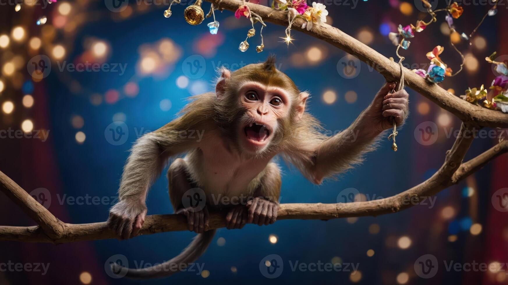 A lively monkey perched on a branch, surrounded by colorful decorations and lights. photo