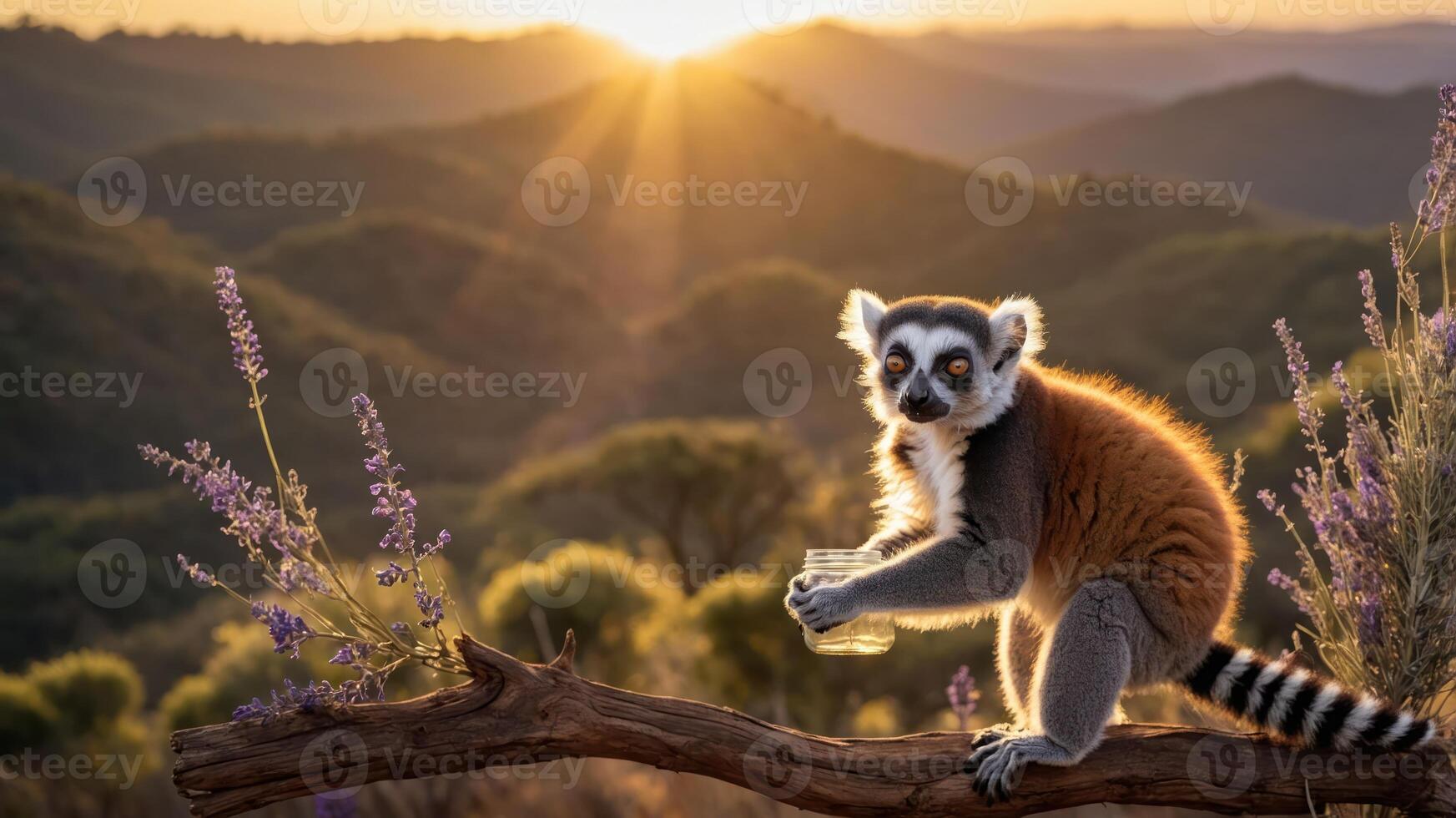 A lemur perched on a branch at sunset, surrounded by mountains and flowers. photo