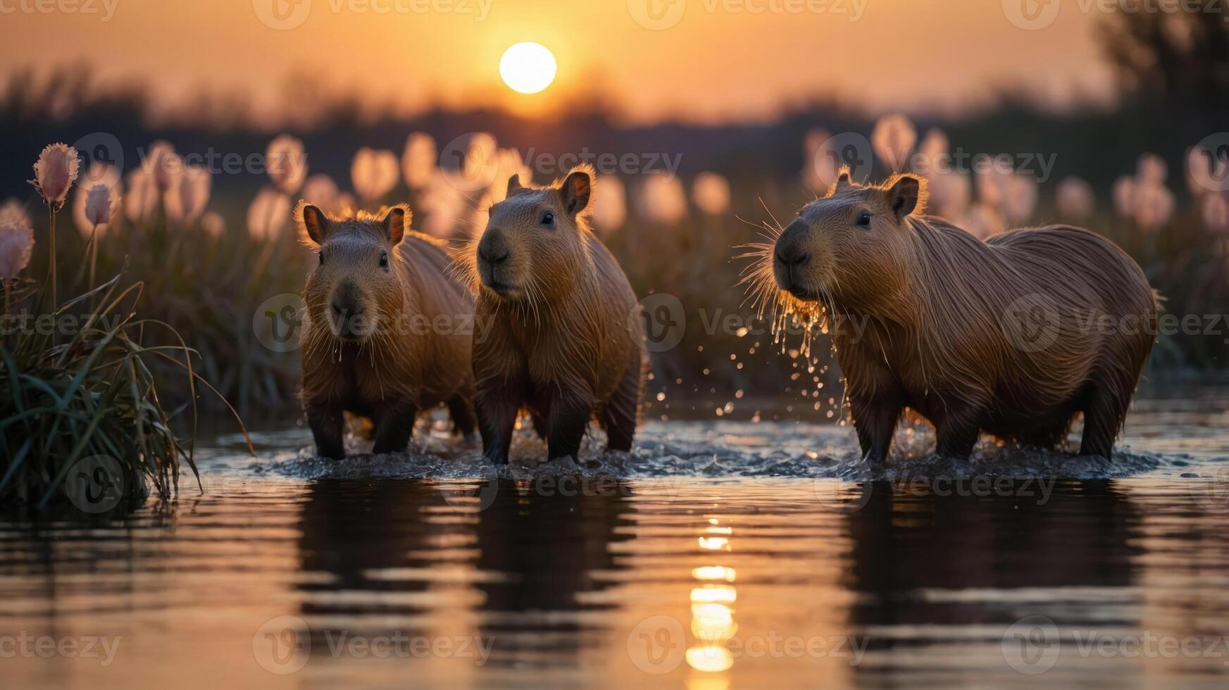 Three capybaras wade through water at sunset, surrounded by tall grasses. photo
