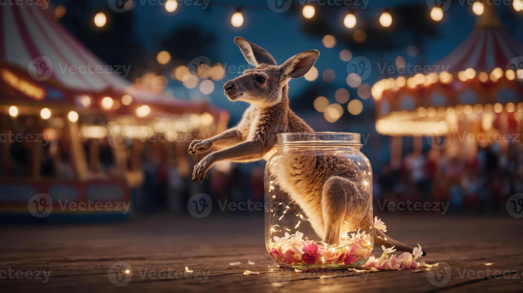 A kangaroo jumps out of a jar filled with flowers at a festive carnival setting. photo