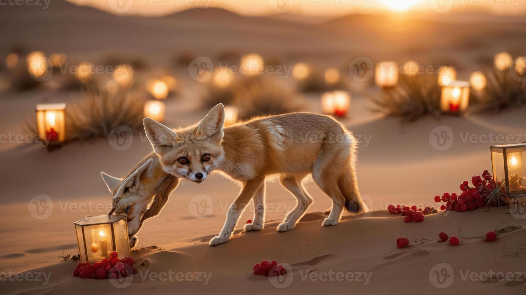 A fox explores a desert landscape adorned with lanterns and berries at sunset. photo