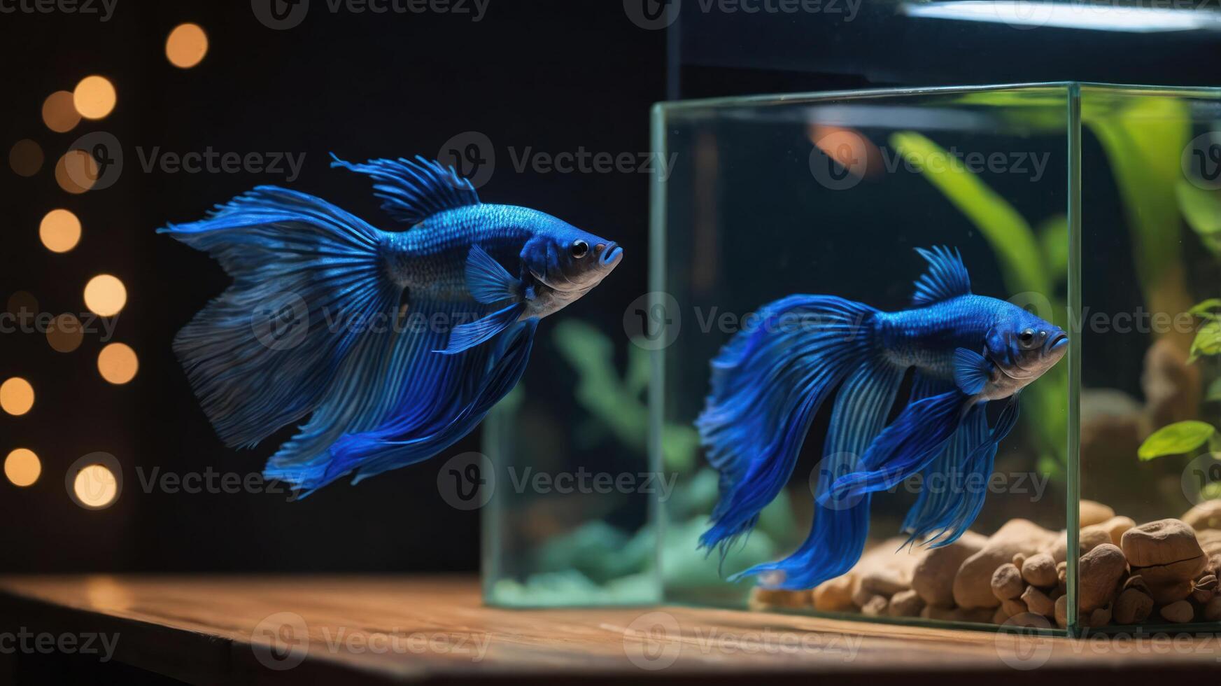Two vibrant blue betta fish swimming in a glass aquarium with aquatic plants. photo