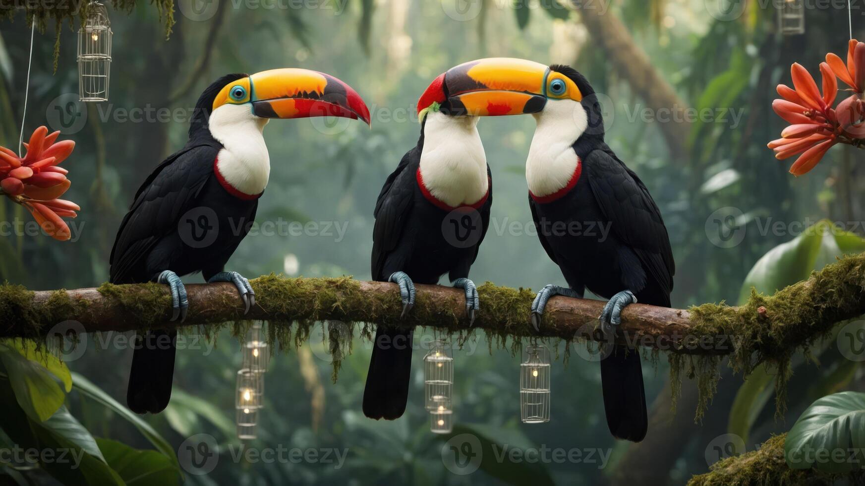 Three toucans perched on a branch in a lush, tropical rainforest setting. photo