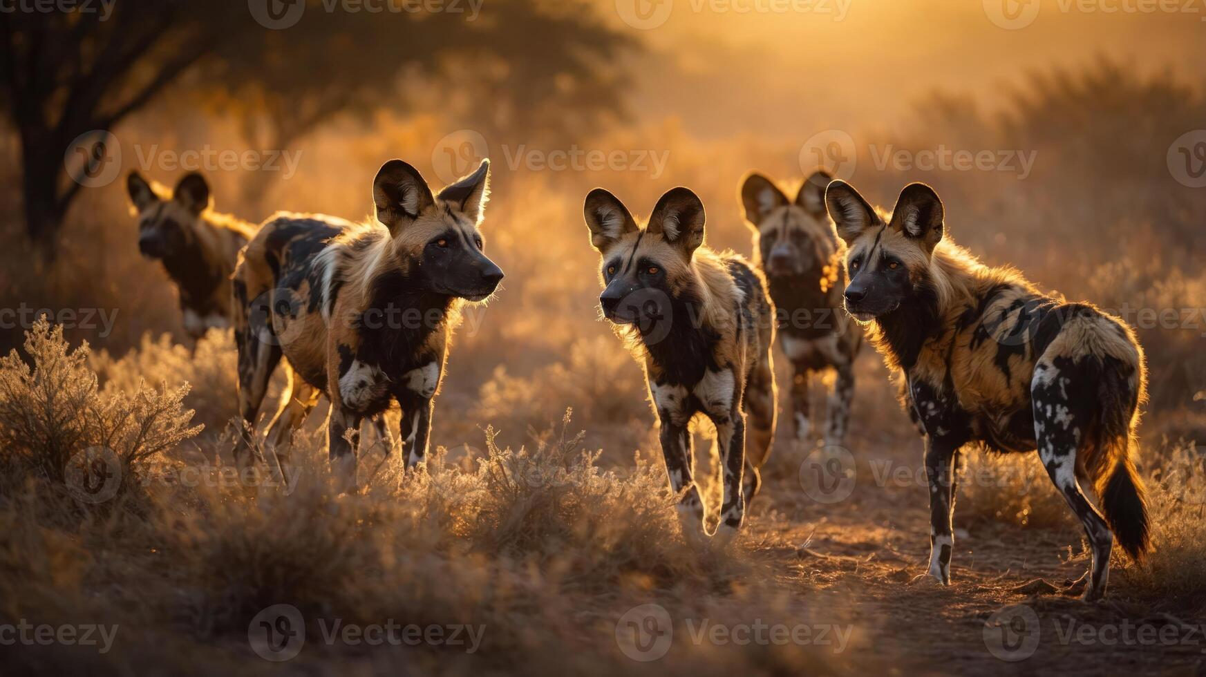 A group of painted wolves in a golden landscape during sunset. photo