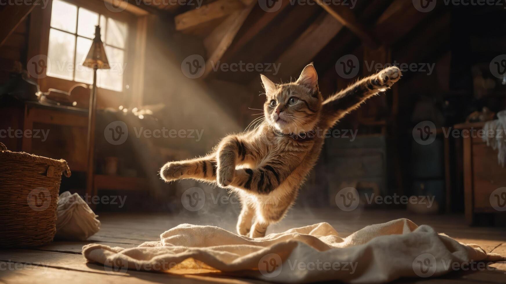 A playful cat leaps joyfully in a sunlit attic, creating a whimsical atmosphere. photo