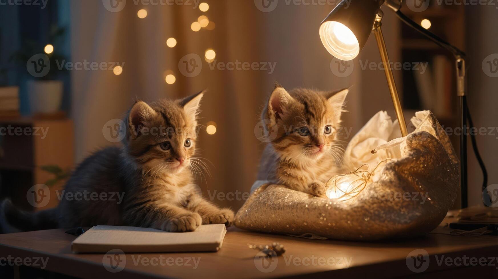 Two playful kittens explore a shiny bag with fairy lights on a cozy table. photo