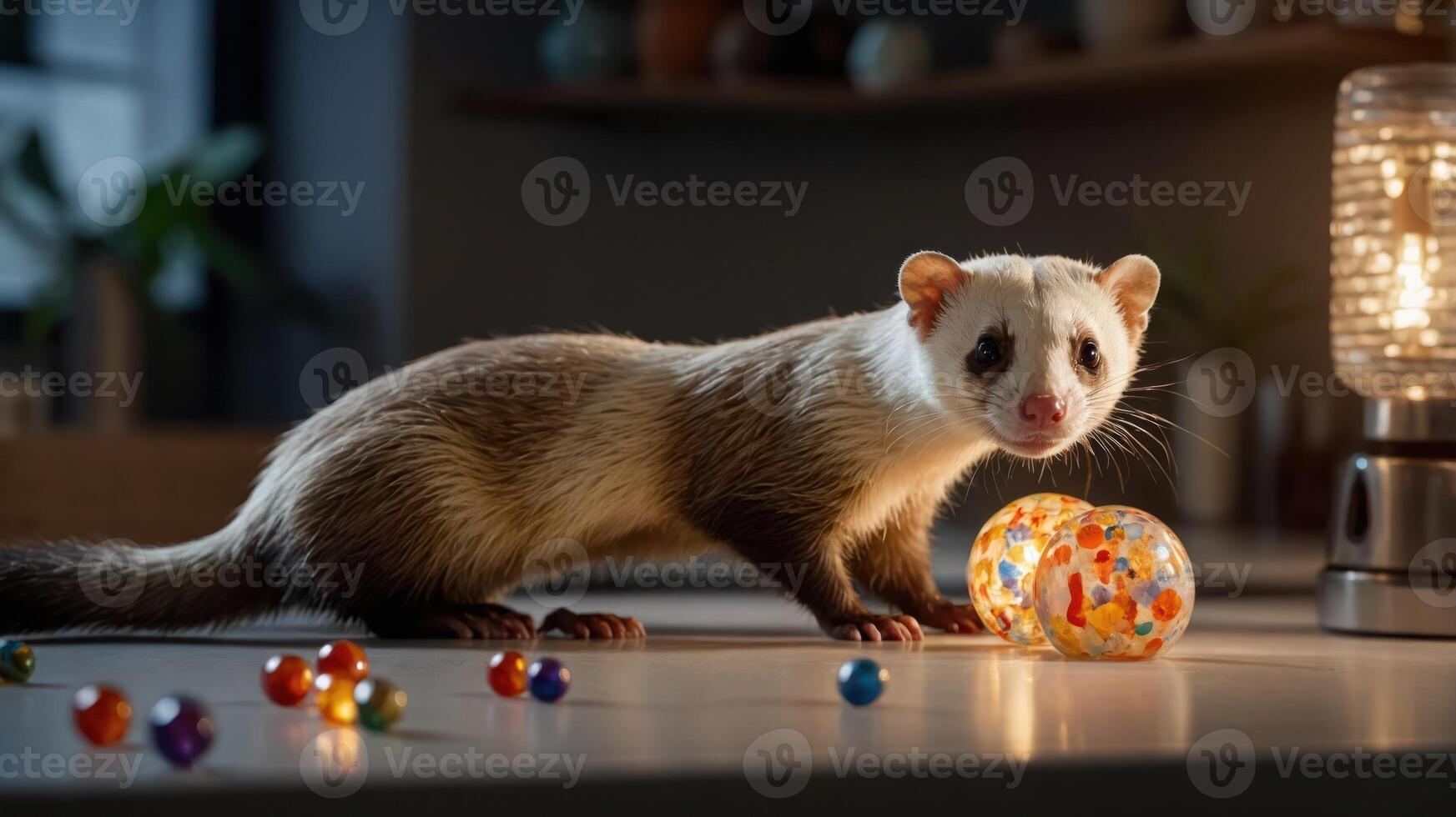 A playful ferret with a colorful egg and marbles in a cozy, softly lit environment. photo