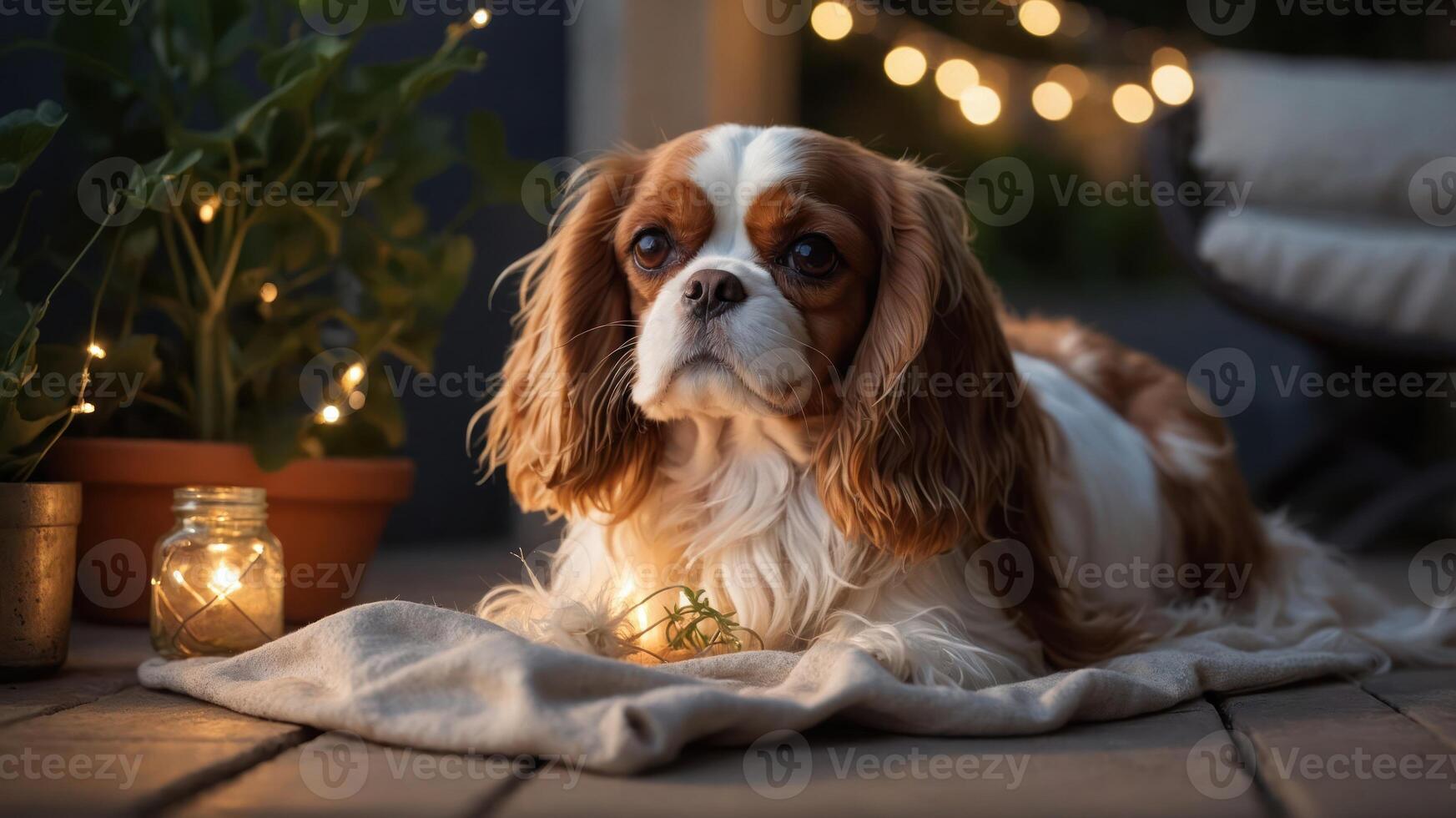 A serene dog resting on a blanket with fairy lights in the background. photo