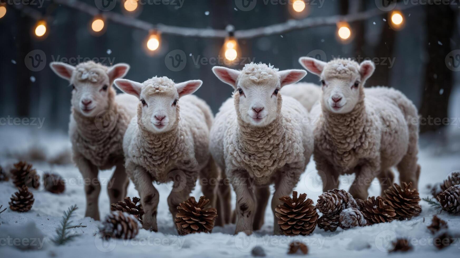 Four fluffy lambs in a snowy setting with pinecones and string lights. photo