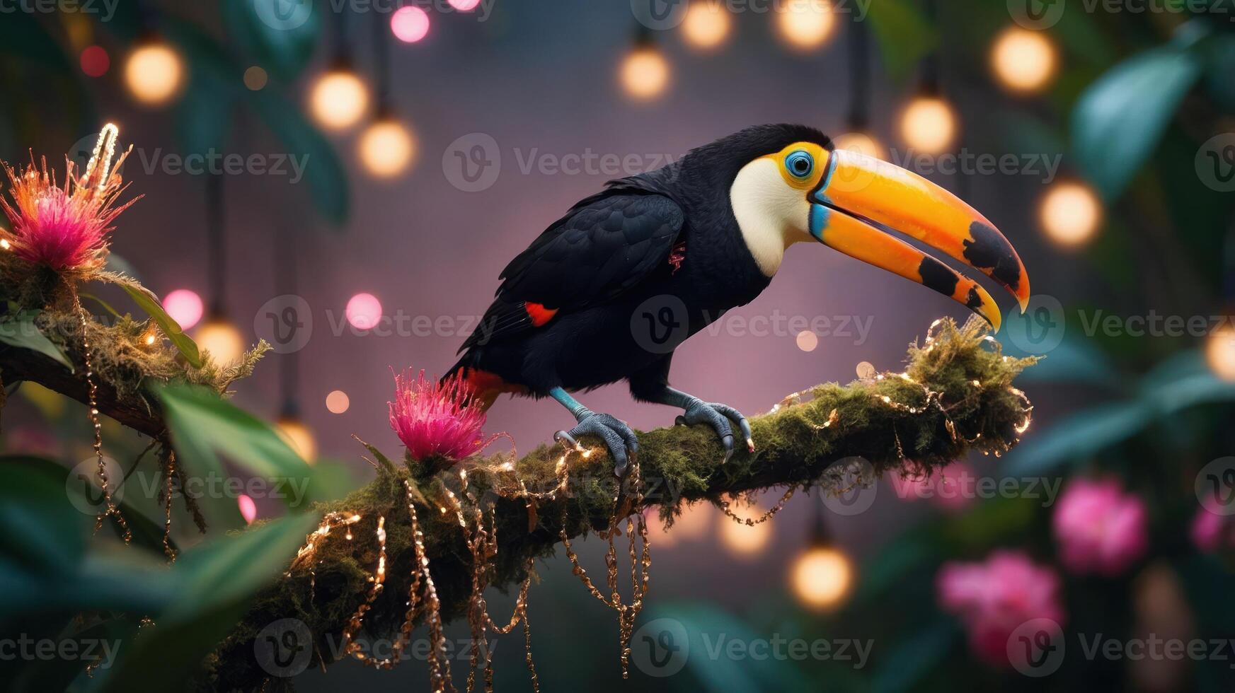 A colorful toucan perched on a branch surrounded by vibrant flowers and soft glowing lights. photo