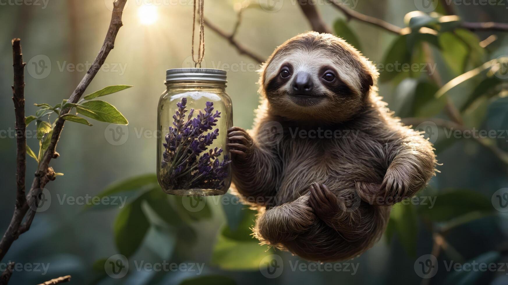 A sloth holding a jar of lavender in a sunlit forest setting. photo