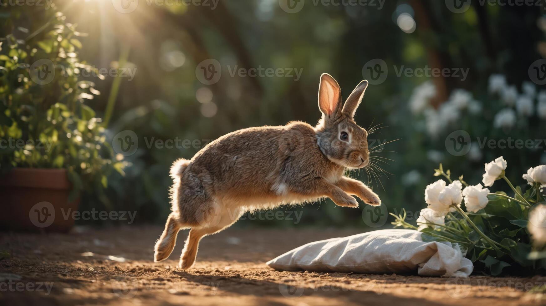 A rabbit leaps gracefully in a sunlit garden surrounded by flowers. photo