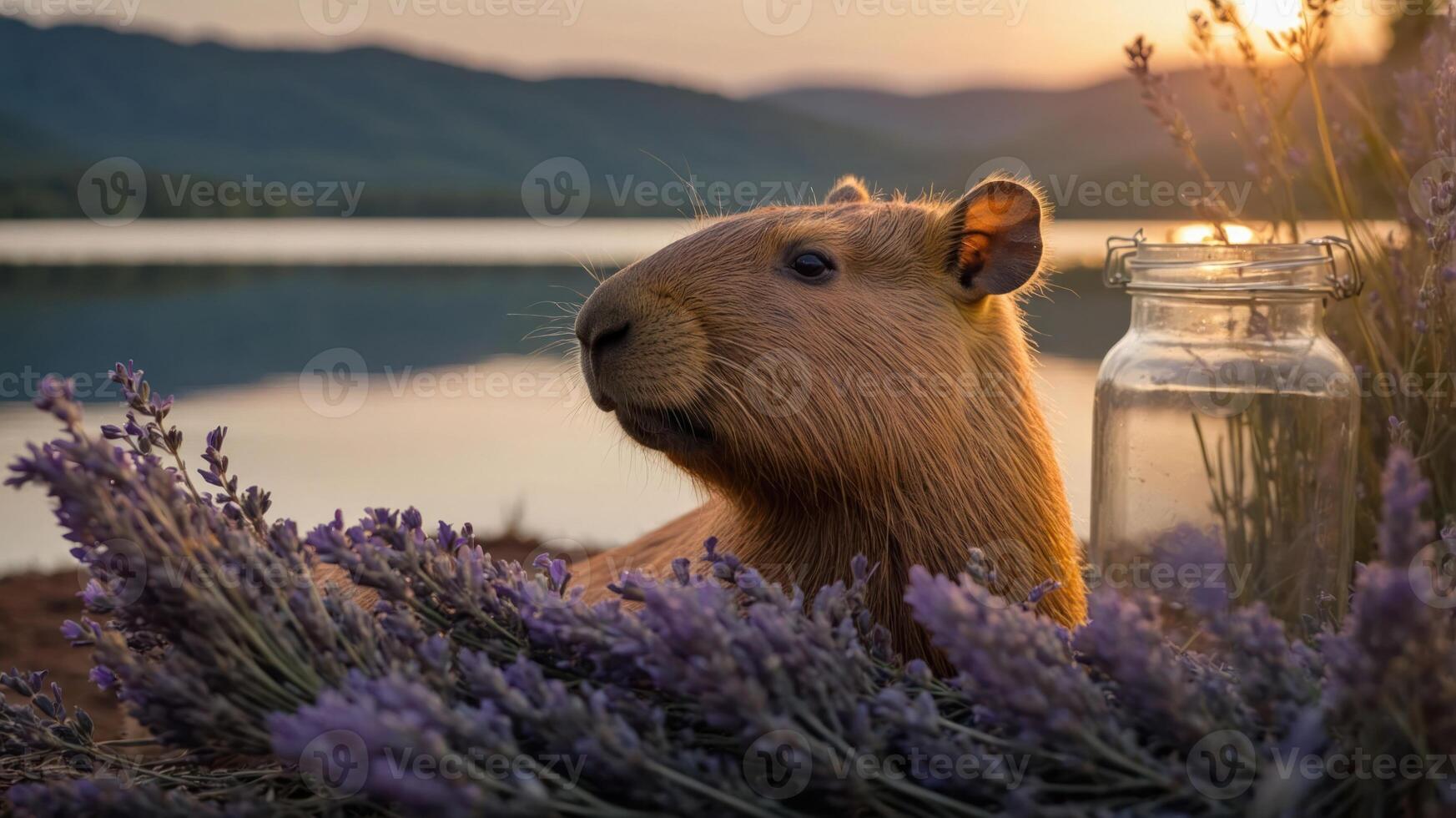 A capybara rests among lavender flowers near a serene lake at sunset. photo