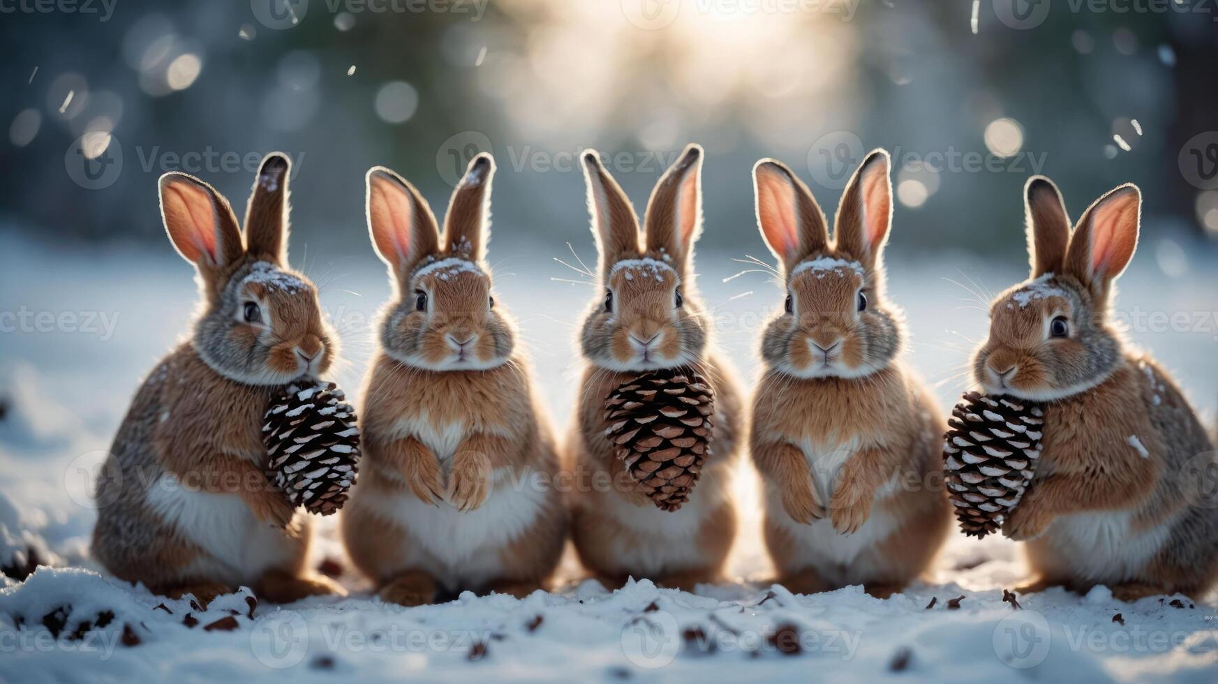 Five rabbits holding pine cones in a snowy landscape. photo