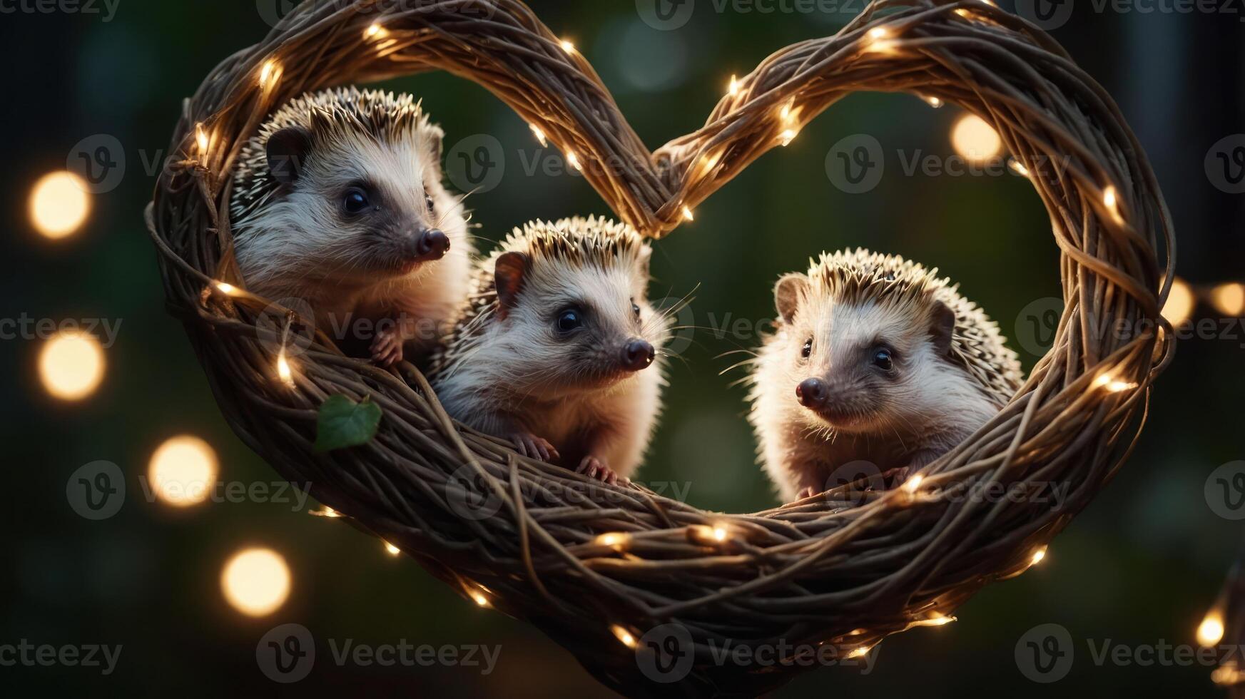 Three hedgehogs nestled in a heart-shaped wreath adorned with lights. photo