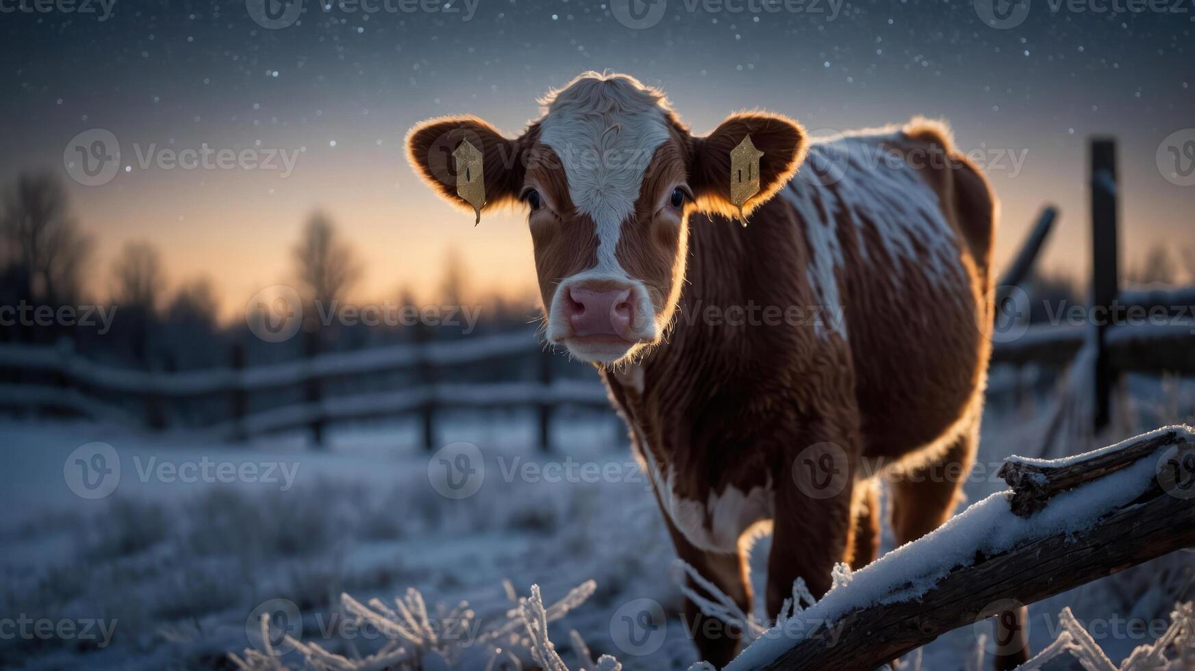 A young cow stands in a snowy landscape at dusk, illuminated by a soft glow. photo