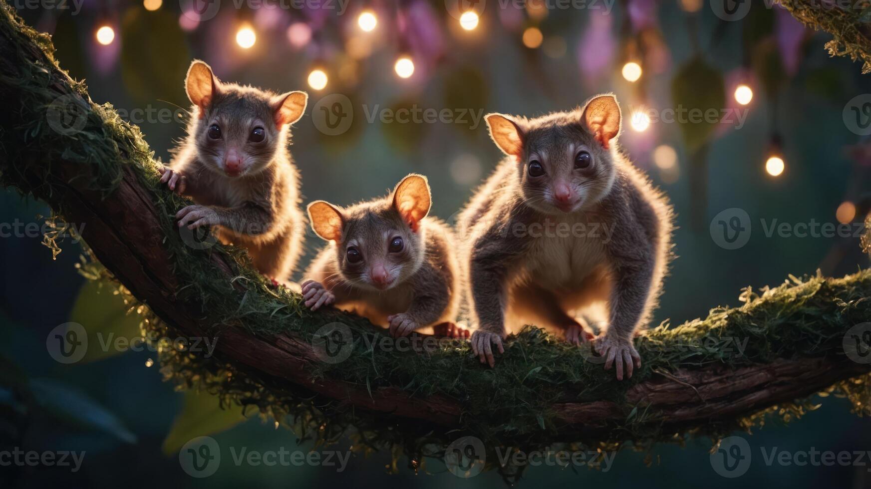 Three adorable marsupials perched on a mossy branch illuminated by soft, glowing lights. photo