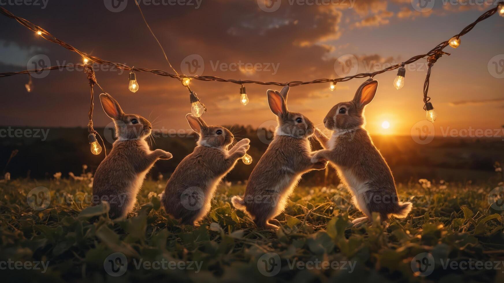 Four playful rabbits enjoying a sunset under string lights in a grassy field. photo