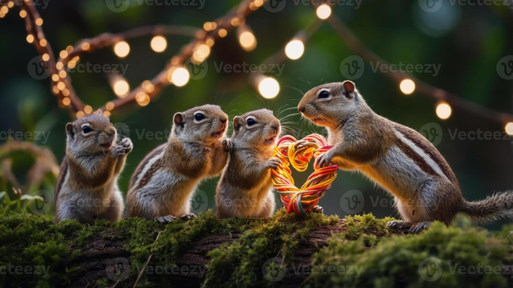 Four squirrels playfully interacting with colorful string lights in a natural setting. photo