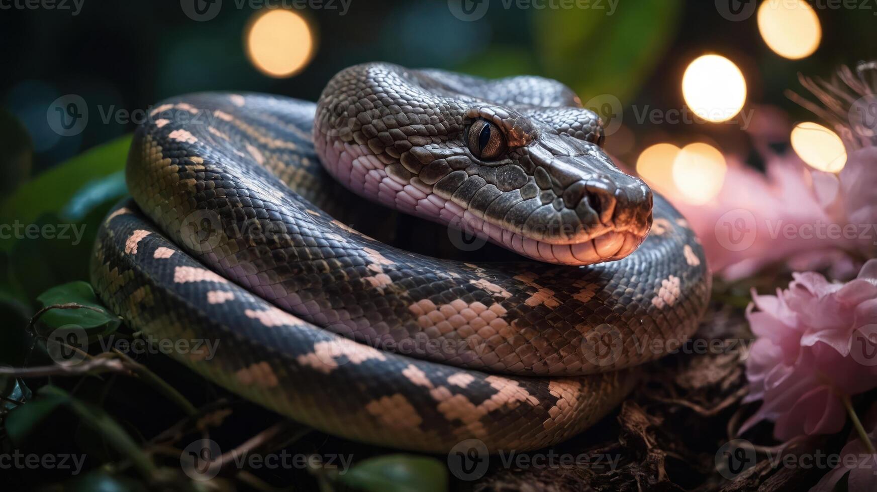 A close-up of a coiled snake among foliage and flowers, highlighting its texture and colors. photo