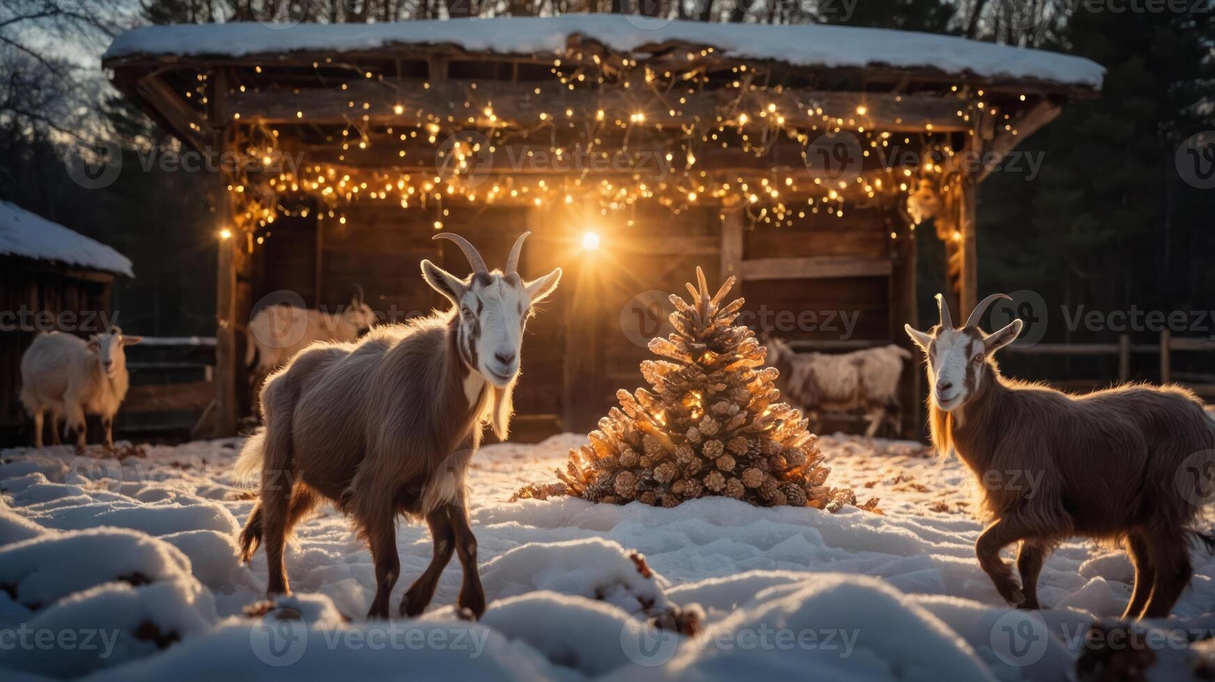 A serene winter scene with goats and a decorated pine tree in a snowy landscape. photo