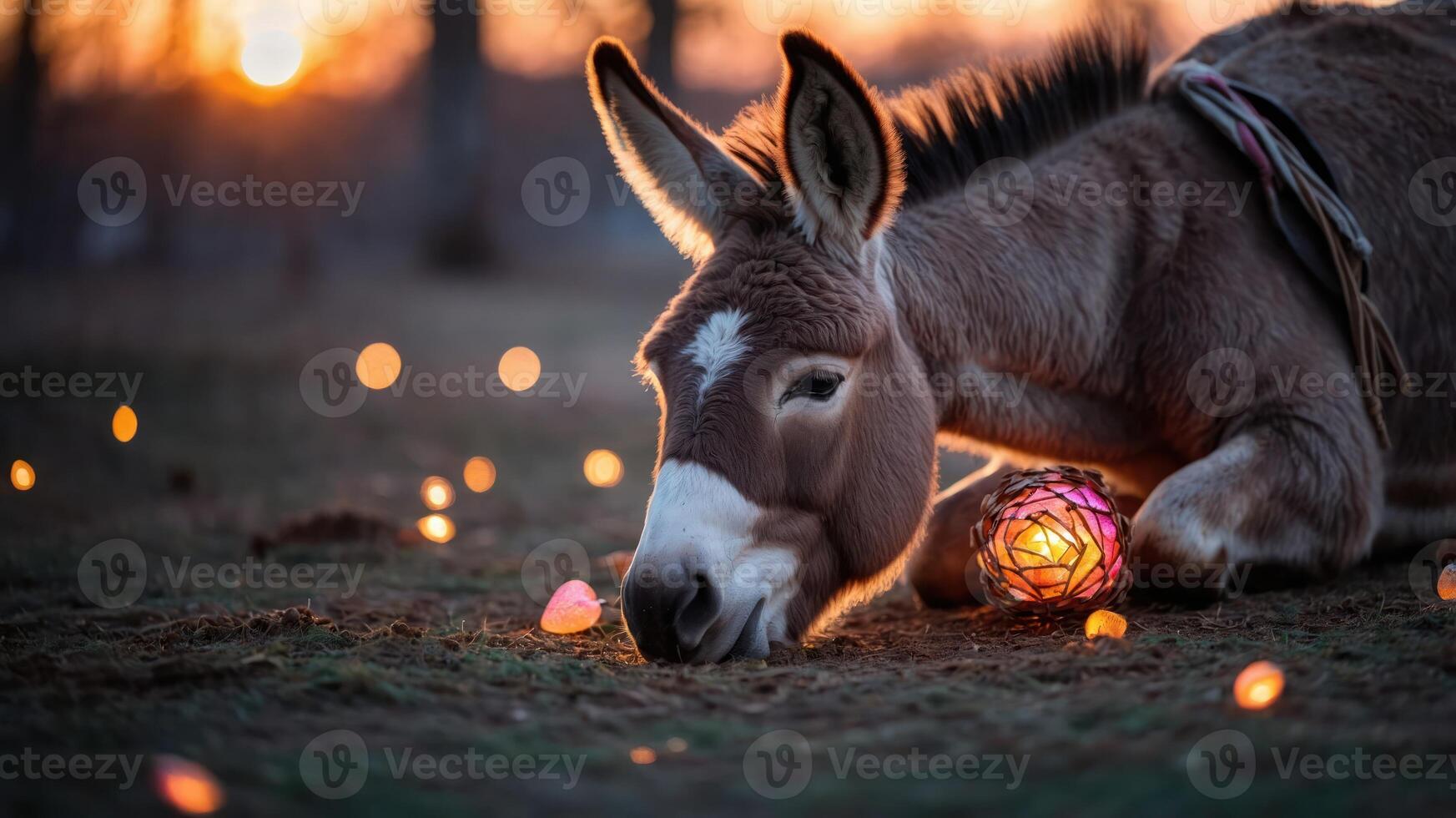 A peaceful donkey resting on the ground with decorative lights around it at sunset. photo