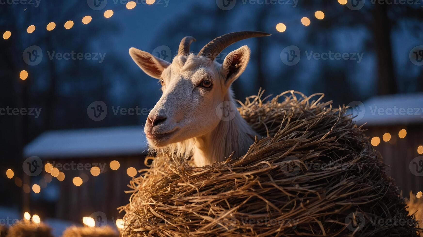 A goat surrounded by straw, illuminated by soft lights in a serene nighttime setting. photo